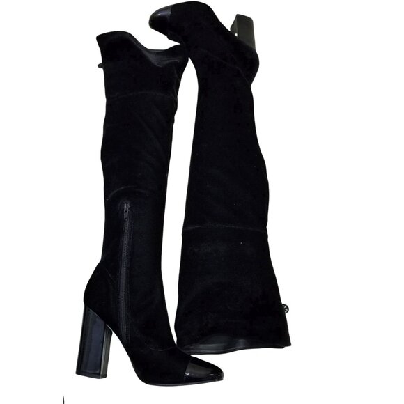 Guess 7.5 Black Velvet Thigh High Heeled Boots LOLO Patent Leather Cap Toe - Picture 1 of 10